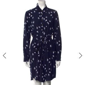 Kate Spade Silk Blend Navy Blue Bird Print Shirt Dress L Excellent